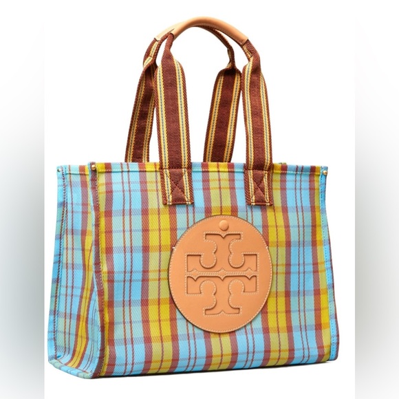 Tory Burch Yellow / Blue Mercado Plaid Ella Mesh Tote Bag - Picture 2 of 12